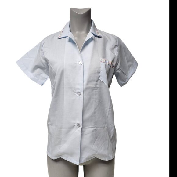 70s Carole floral lace trimmed light blue button down shirt . small . made in US - Picture 1 of 8